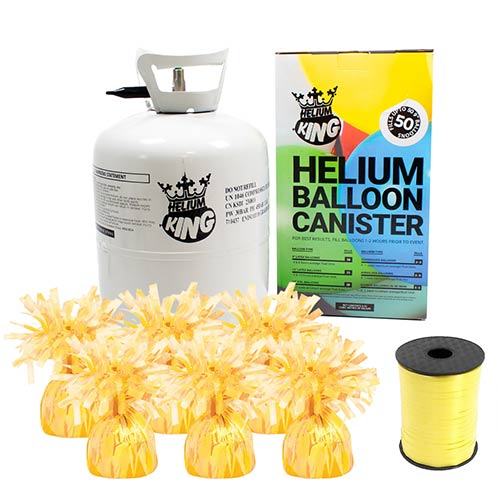Large Helium Canister with Yellow Curling Ribbon and 6 Foil Balloon Weights Product Image