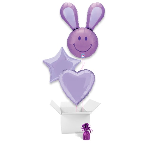 Lavender Smiling Bunny Easter Balloon Bouquet - 3 Inflated Balloons In A Box Product Image