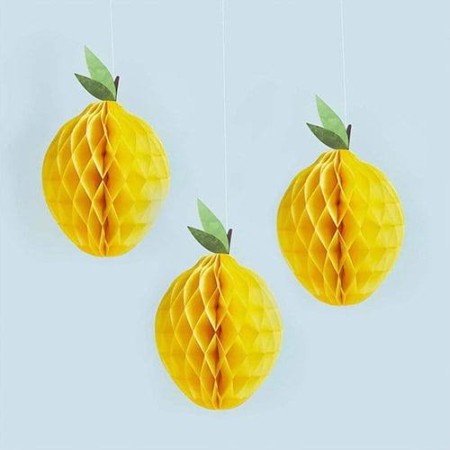 Lemon Fruit Honeycomb Hanging Decorations 30cm - Pack of 3