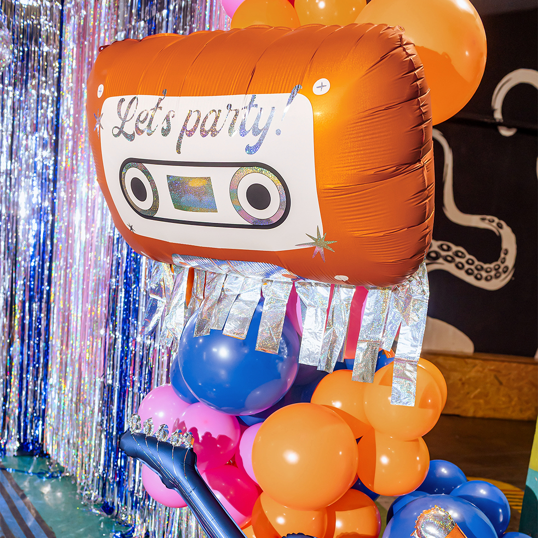 Let's Party Retro Orange Cassette Silver Fringed Giant Foil Balloon 91cm / 36 in View 2