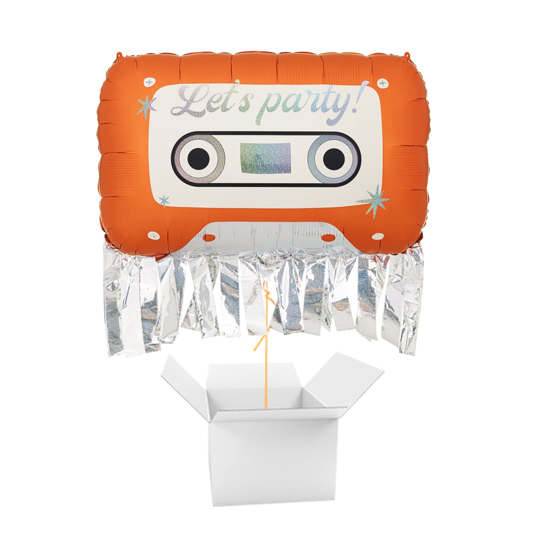 Let's Party Retro Orange Cassette Silver Fringed Giant Foil Balloon Inflated Balloon In A Box