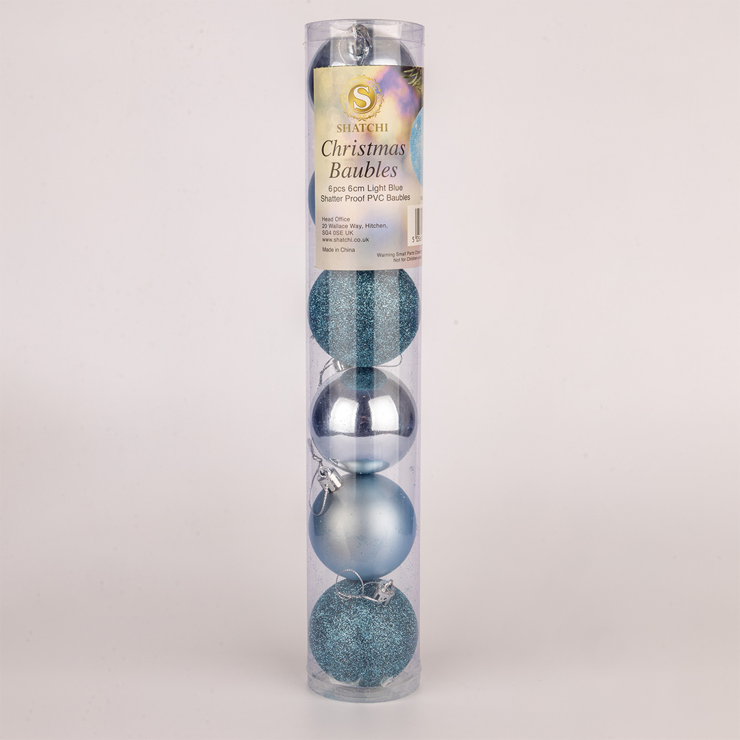 Light Blue Shatterproof Christmas Baubles 6cm - Pack of 6 Product Gallery Image