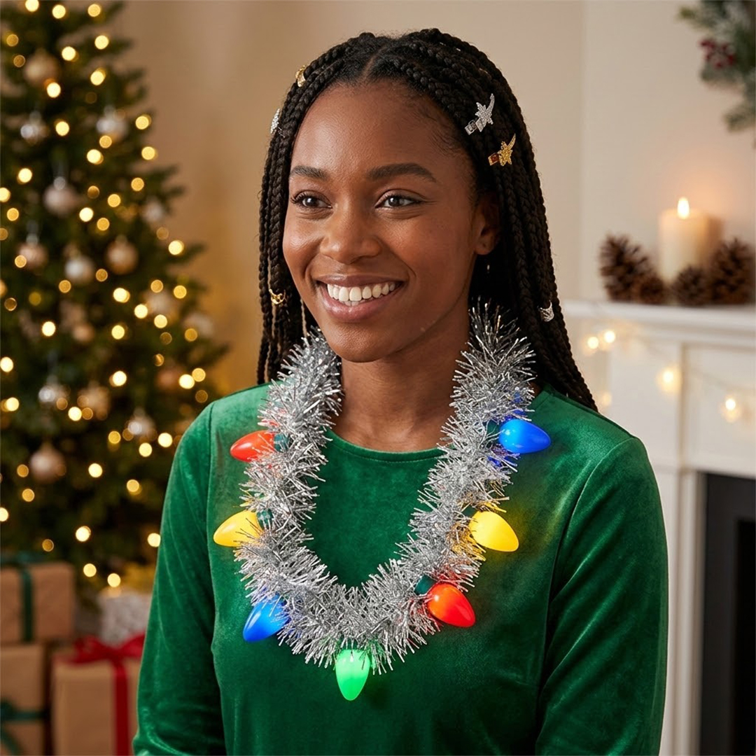 Light Up Flashing Silver Tinsel Necklace Fancy Dress Accessory