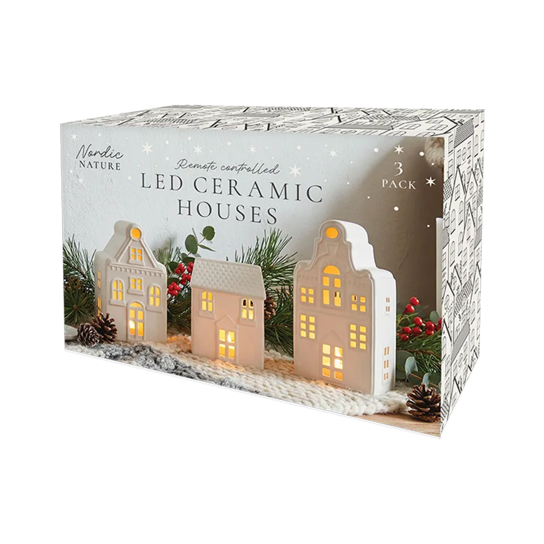 Light Up White Ceramic Nordic Houses Christmas Decorations - Pack of 3 View 2
