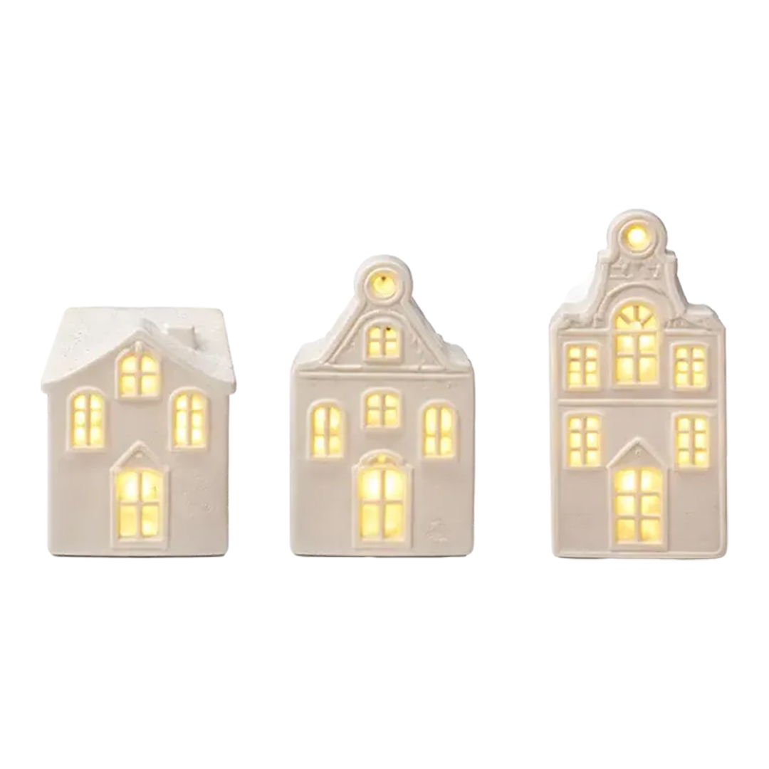 Light Up White Ceramic Nordic Houses Christmas Decorations - Pack of 3