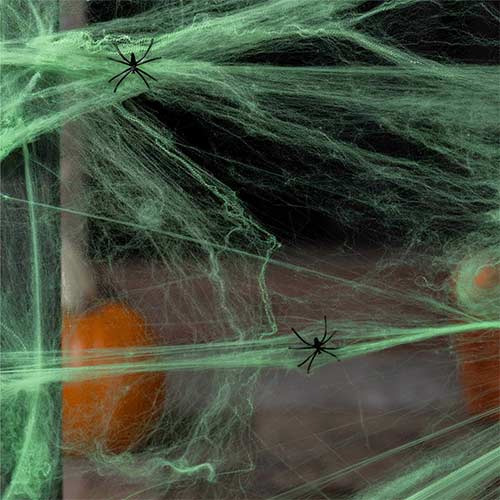 Neon Lime Green UV Blacklight Cobweb with Plastic Spiders Halloween Decoration 60g View 3