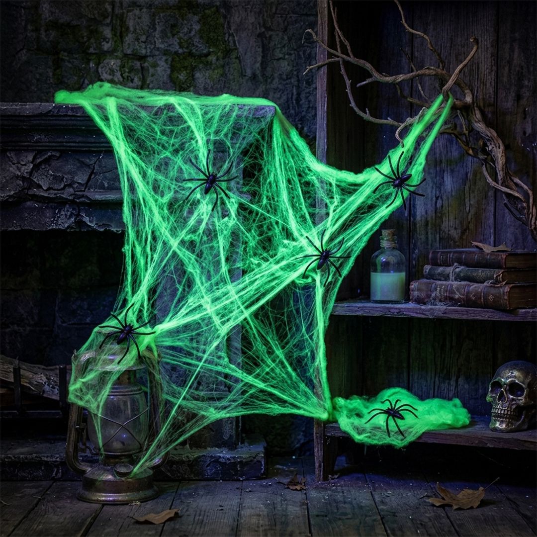 Neon Lime Green UV Blacklight Cobweb with Plastic Spiders Halloween Decoration 60g View 2