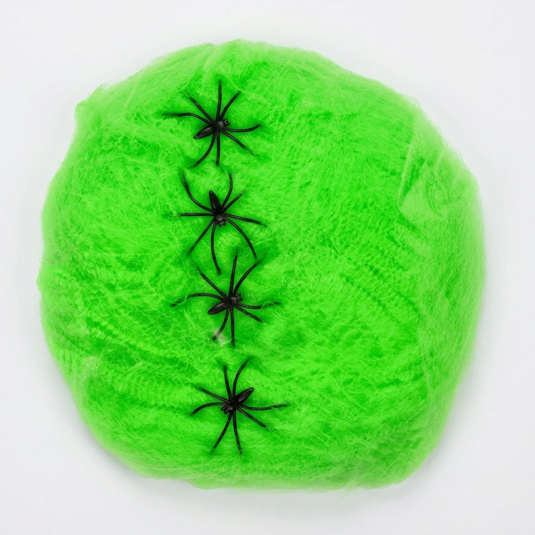 Lime Green UV Blacklight Cobweb with Plastic Spiders Halloween Decoration 60g