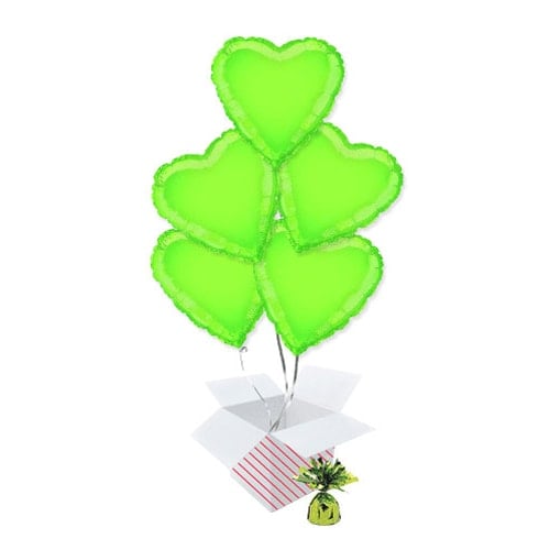Lime Green Heart Shape Foil Helium Balloon Bouquet - 5 Inflated Balloons In A Box Product Gallery Image
