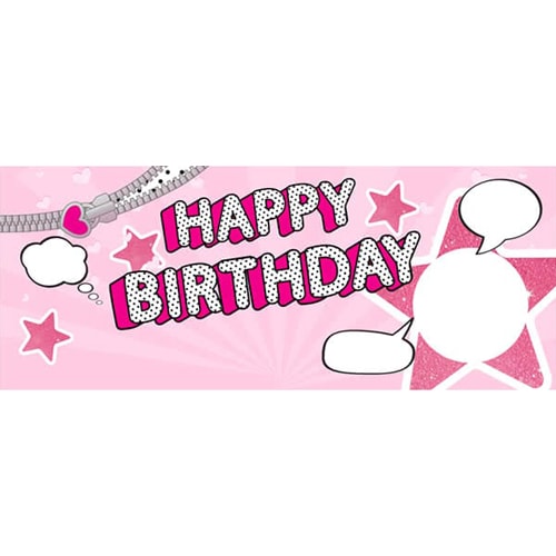 LOL Speech Bubbles Happy Birthday Pink Design Small Personalised Banner - 4ft x 2ft