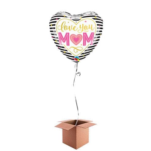 Love You Mom Heart Helium Foil Qualatex Balloon - Inflated Balloon in a Box