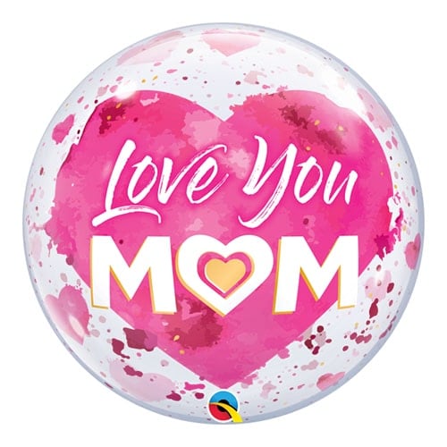 Love You Mom Pink Heart Bubble Helium Qualatex Balloon 56cm / 22 in Product Image