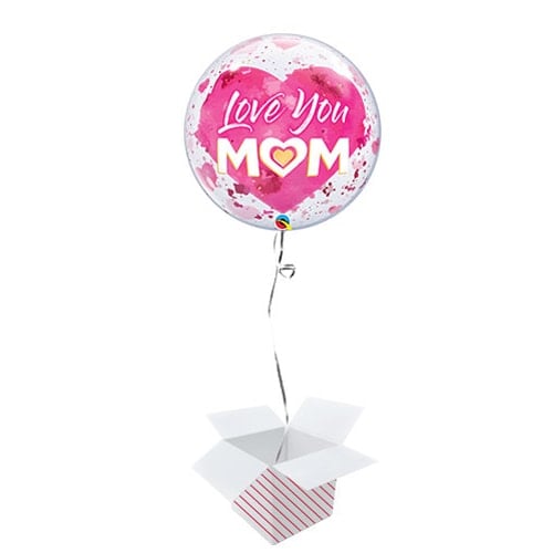 Love You Mom Heart Pink Bubble Helium Qualatex Balloon - Inflated Balloon in a Box Product Gallery Image