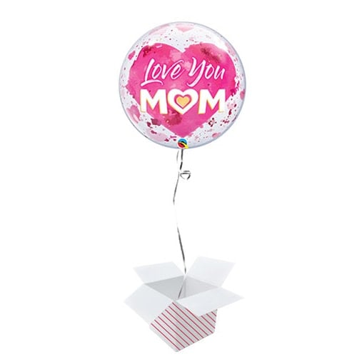 Love You Mom Heart Pink Bubble Helium Qualatex Balloon - Inflated Balloon in a Box Product Image