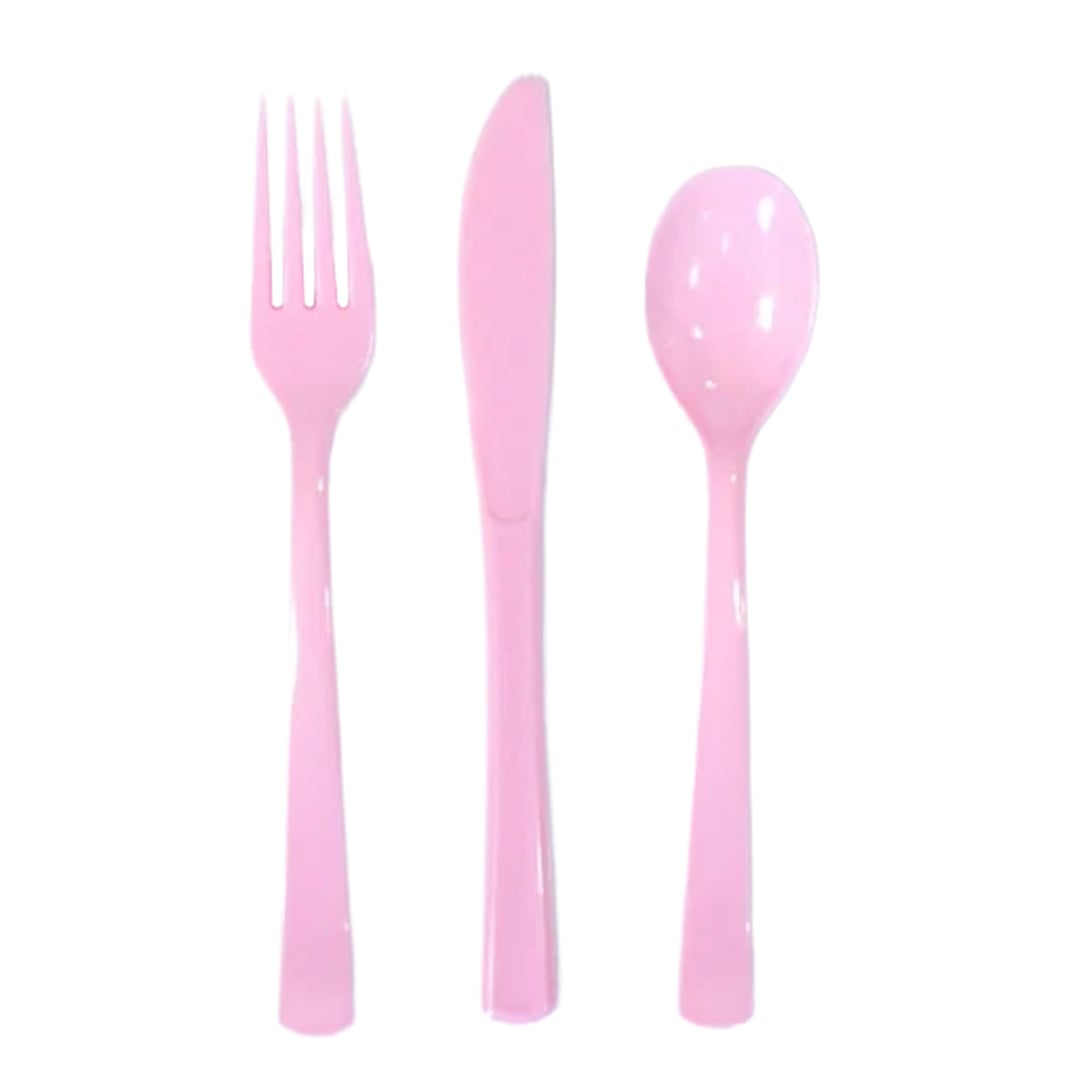 Lovely Pink Plastic Reusable Assorted Cutlery Set - Pack of 18