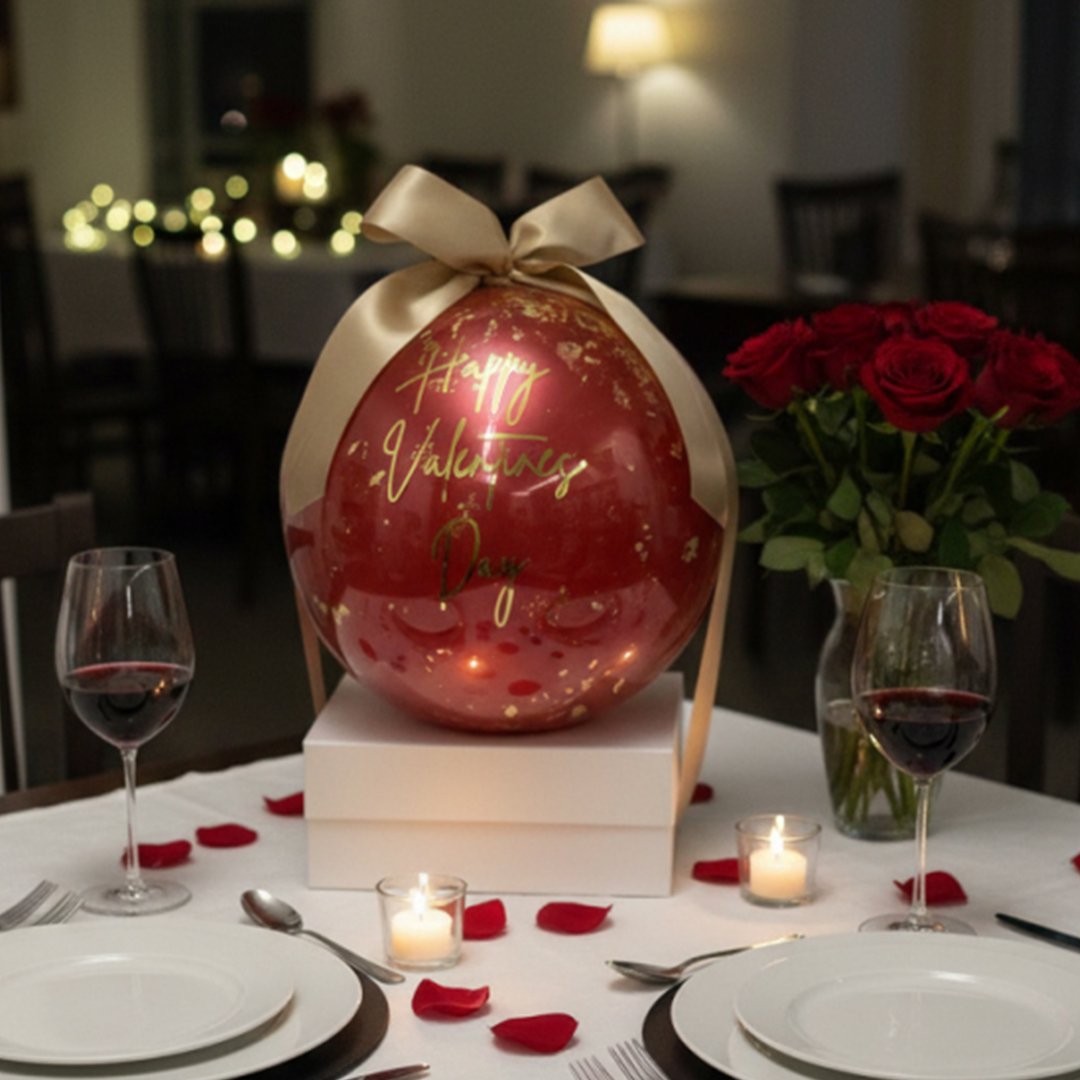 Luxury Deep Burgundy Red & Gold Chic Valentine's Day Balloon Display with White Magnetic Gift Box - Inflated Balloon In A Box