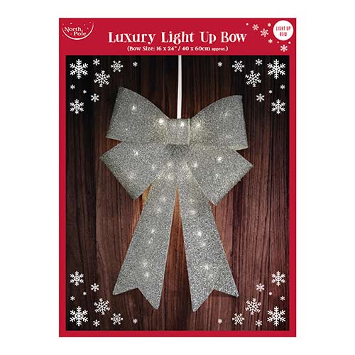 Luxury Silver Christmas Battery Operated LED Light Up Door Bow Decoration  Product Gallery Image