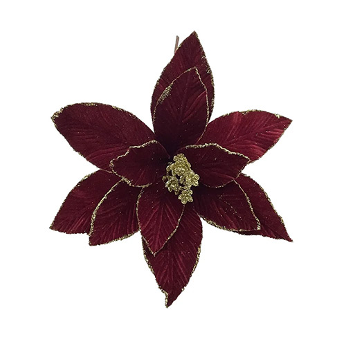 Maroon Red Velvet Poinsettia with Gold Glitter Detail Christmas Pick Decoration 34cm Product Image