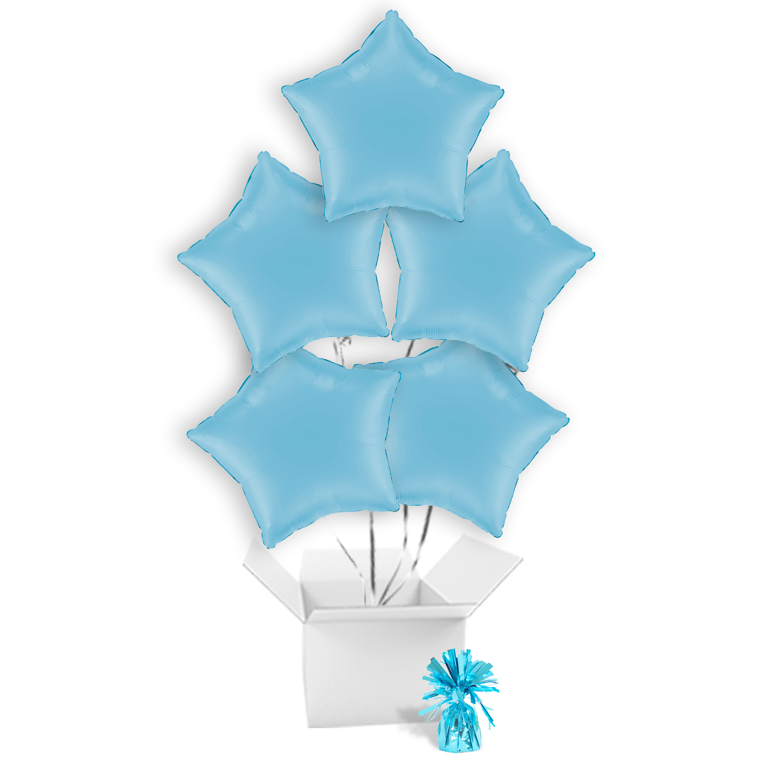 Matte Baby Blue Star Shaped Foil Balloon Bouquet - 5 Inflated Balloons In A Box
