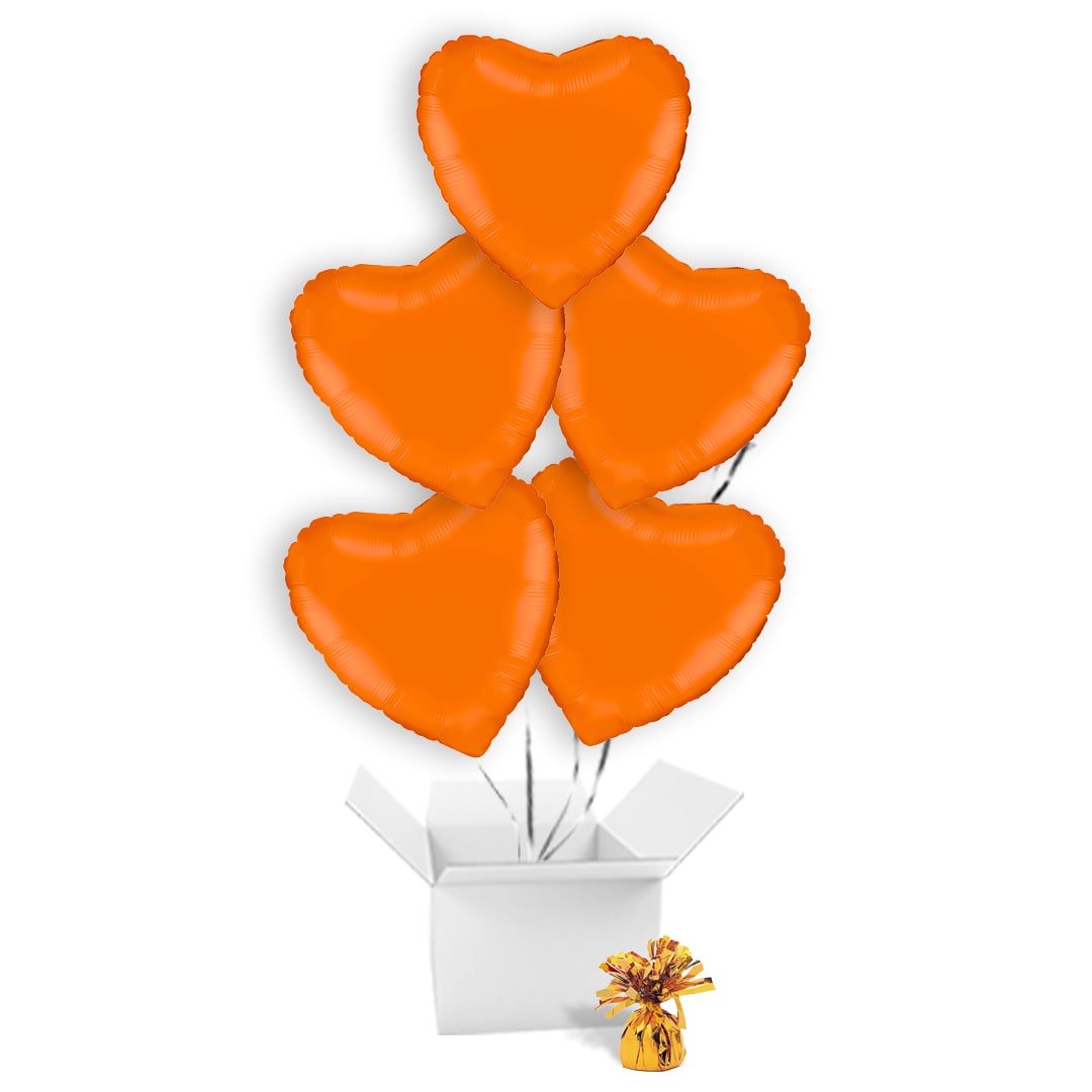 Matte Orange Heart Shaped Foil Balloon Bouquet - 5 Inflated Balloons In A Box