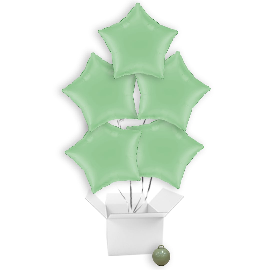 Matte Pistachio Green Star Shaped Foil Balloon Bouquet - 5 Inflated Balloons In A Box