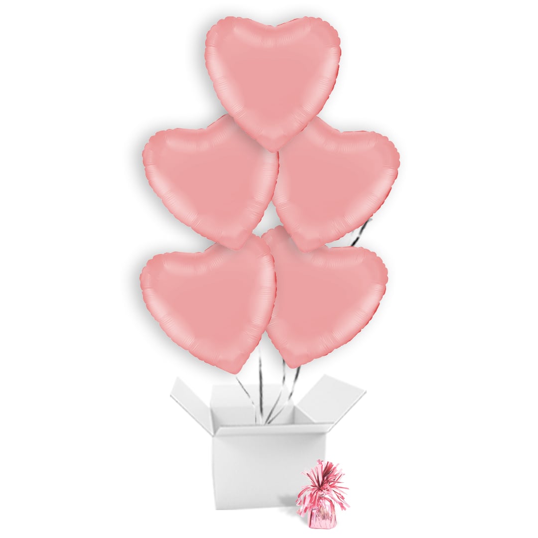 Matte Rose Pink Heart Shaped Foil Balloon Bouquet - 5 Inflated Balloons In A Box