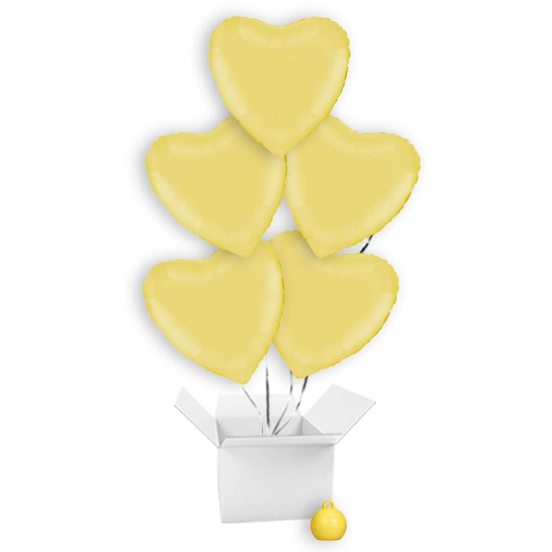 Matte Yellow Heart Shaped Foil Balloon Bouquet - 5 Inflated Balloons In A Box Product Gallery Image