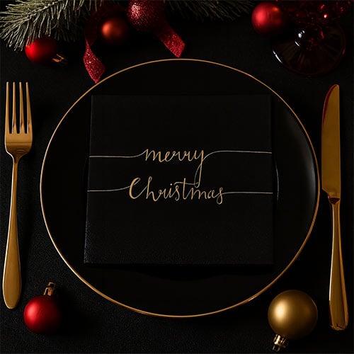 Merry Christmas Black & Gold Script Premium Decoupage Luncheon Napkins 3 Ply 33cm - Pack of 20