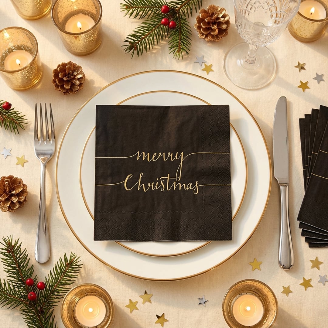 Merry Christmas Black & Gold Script Premium Decoupage Luncheon Napkins 3 Ply 33cm - Pack of 20