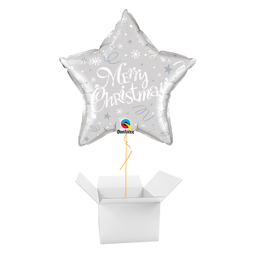 Merry Christmas! Festive Silver Helium Foil Shaped Balloon - Inflated Balloon in a Box Product Gallery Image