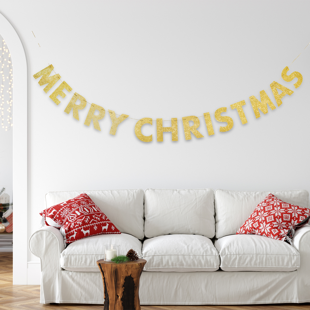 Merry Christmas Golden Glitter Cardboard Banner Decoration 274cm