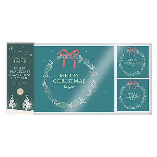 Merry Christmas Green Foiled Placemat & Coaster Set - Pack of 4 Product Image