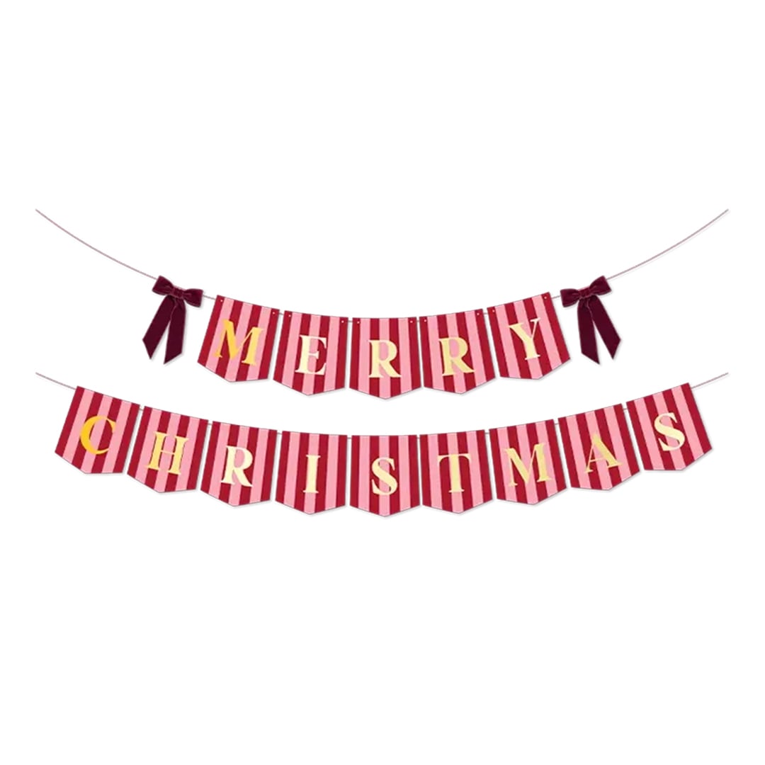 Merry Christmas Pink & Red Stripes Banner with Burgundy Velvet Bows 2m