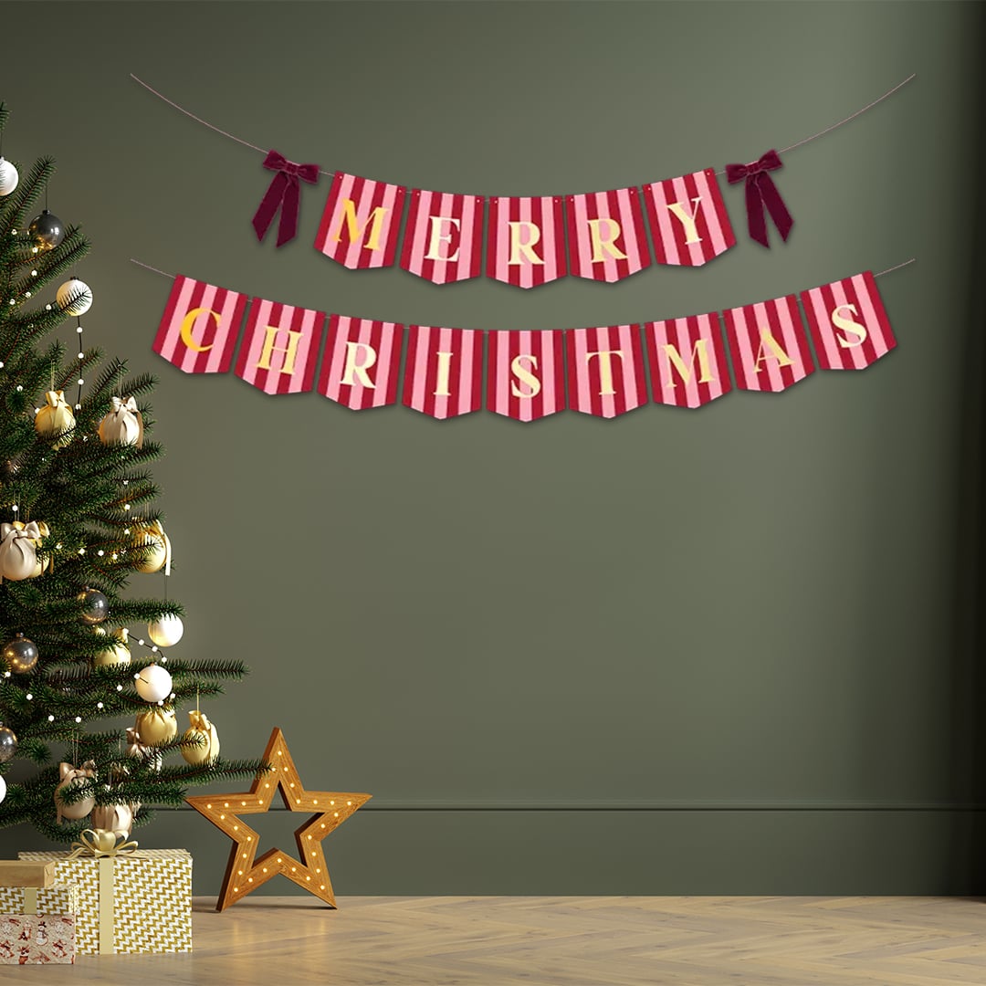 Merry Christmas Pink & Red Stripes Banner with Burgundy Velvet Bows 2m