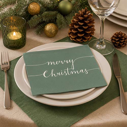 Merry Christmas Sage Green Script Premium Decoupage Luncheon Napkins 3 Ply 33cm - Pack of 20