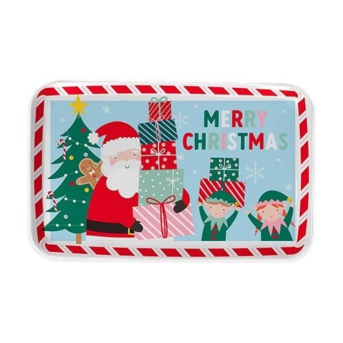 Merry Christmas Santa Claus & Elves Blue Reusable Plastic Treat Tray 29.5cm Product Image