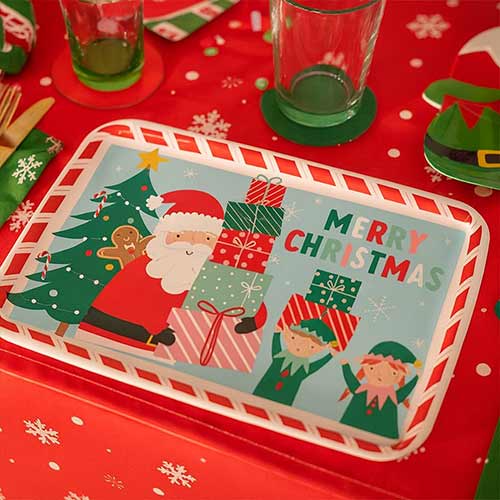 Merry Christmas Santa Claus & Elves Blue Reusable Plastic Treat Tray 29.5cm