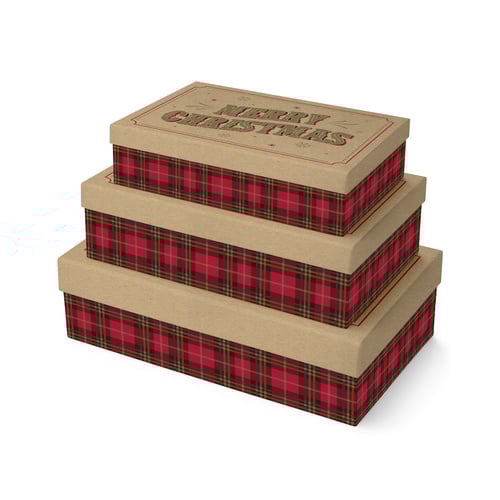 Merry Christmas Tartan Kraft Rectangular Gift Box - Pack of 3 Product Gallery Image