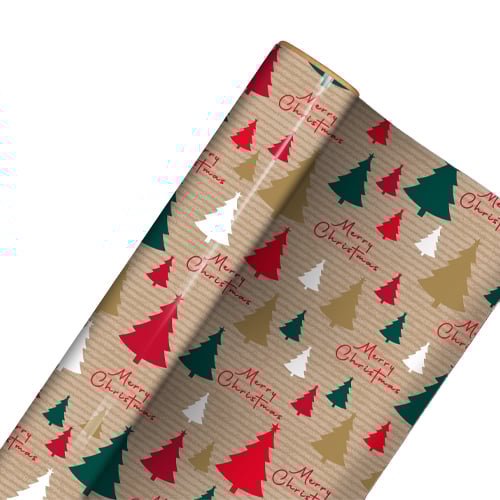 Merry Christmas Trees Recyclable Kraft Gift Wrapping Paper Roll 4m Product Image