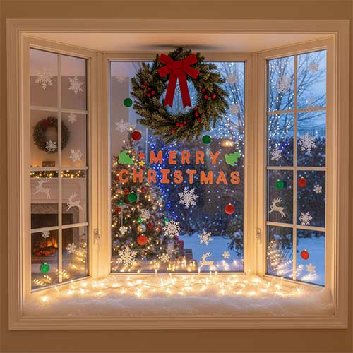 Merry Christmas with Trees Large Red Gel Window Stickers Product Gallery Image