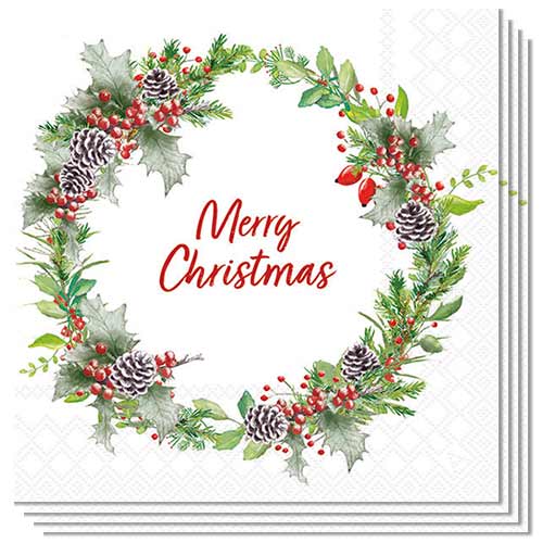 Merry Christmas Wreath Paper Luncheon Napkins 3 Ply 33cm - Pack of 20