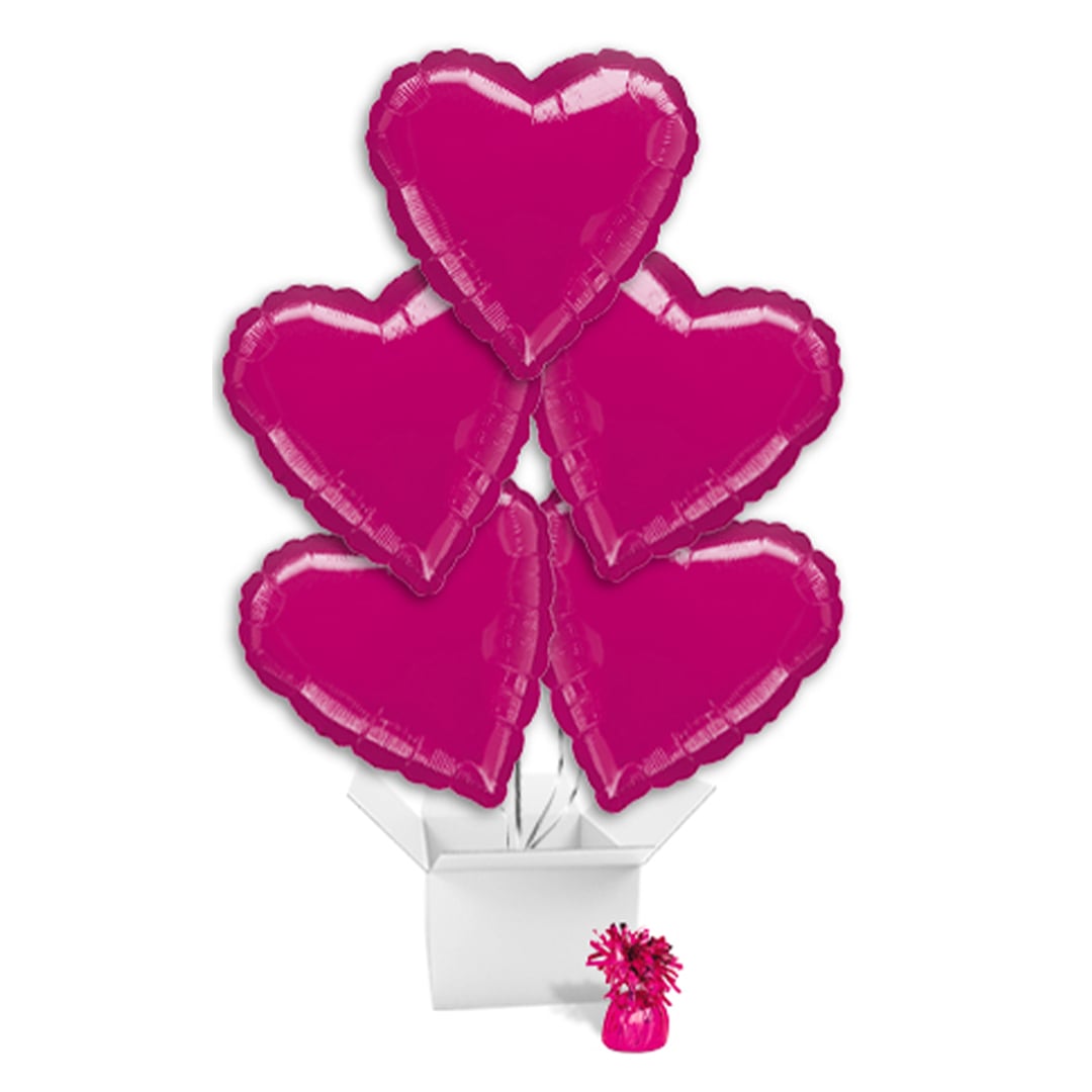 Metallic Fuchsia Pink Heart Foil Balloon Bouquet - 5 Inflated Balloons in a Box
