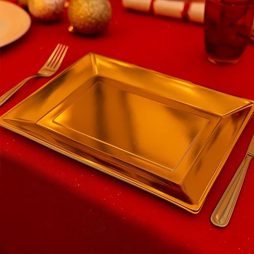 Metallic Gold Plastic Rectangle Party Serving Plates 38cm - Pack of 2