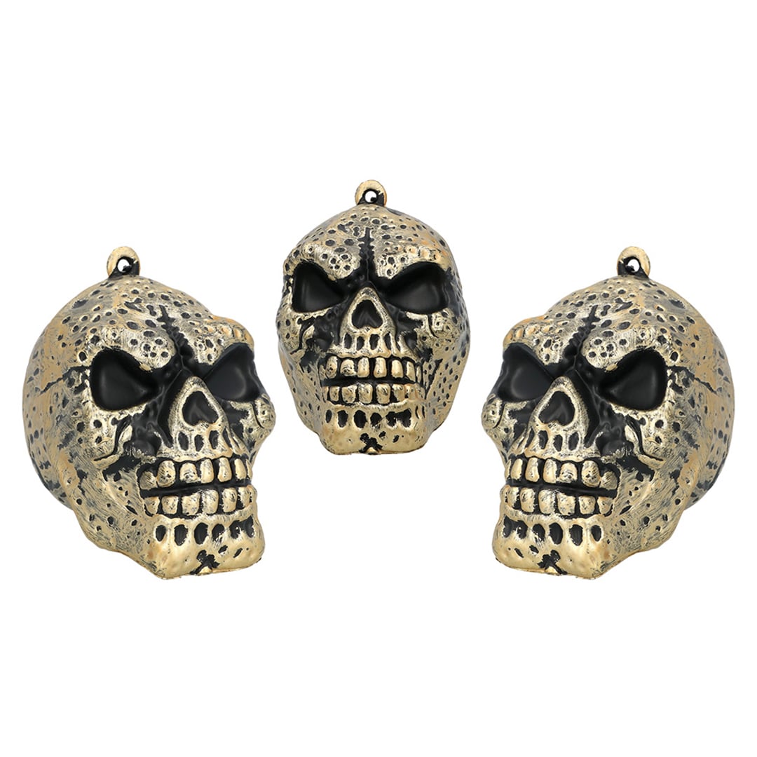 Metallic Gold Skull Halloween Plastic Prop Hanging Decorations 11cm - Pack of 3