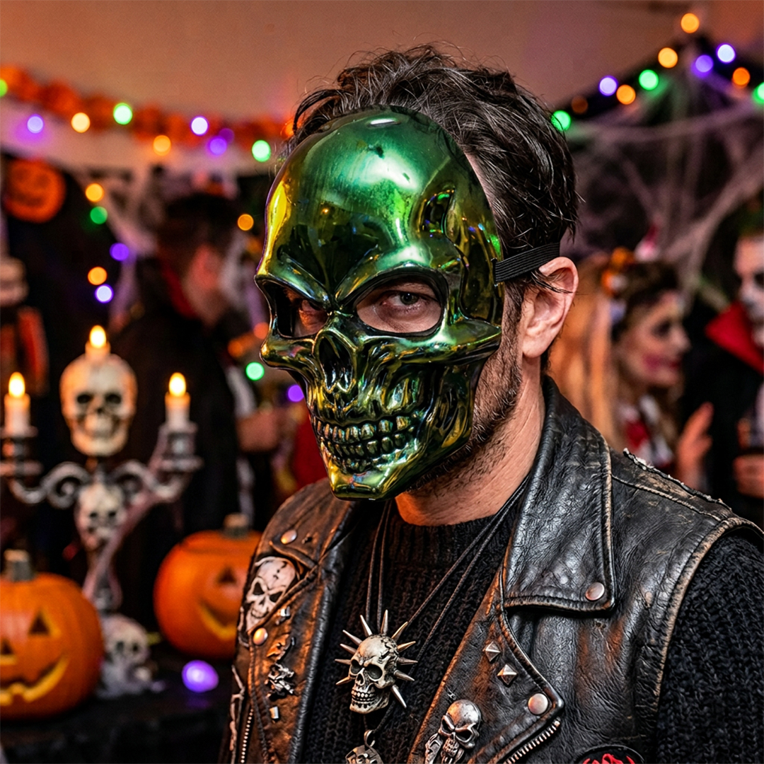 Metallic Green Skull Halloween Fancy Dress Mask View 2