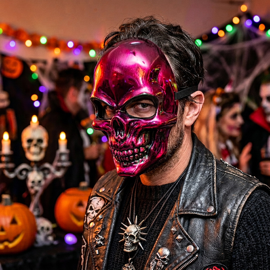 Metallic Hot Pink Skull Halloween Fancy Dress Mask View 2