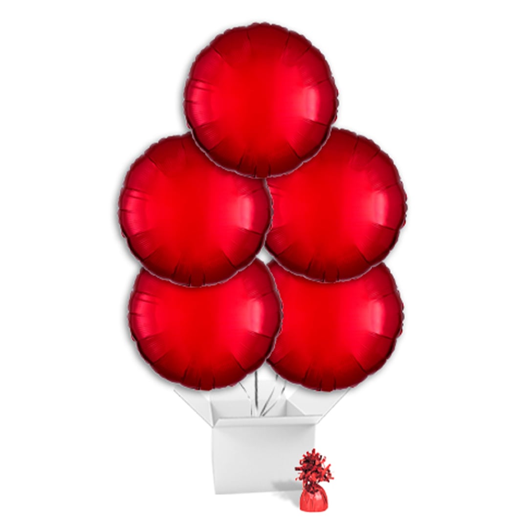 Metallic Red Round Foil Balloon Bouquet - 5 Inflated Balloons in a Box