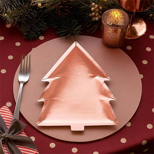 Metallic Rose Gold Christmas Tree Shaped Foil Paper Plates 30cm - Pack of 6