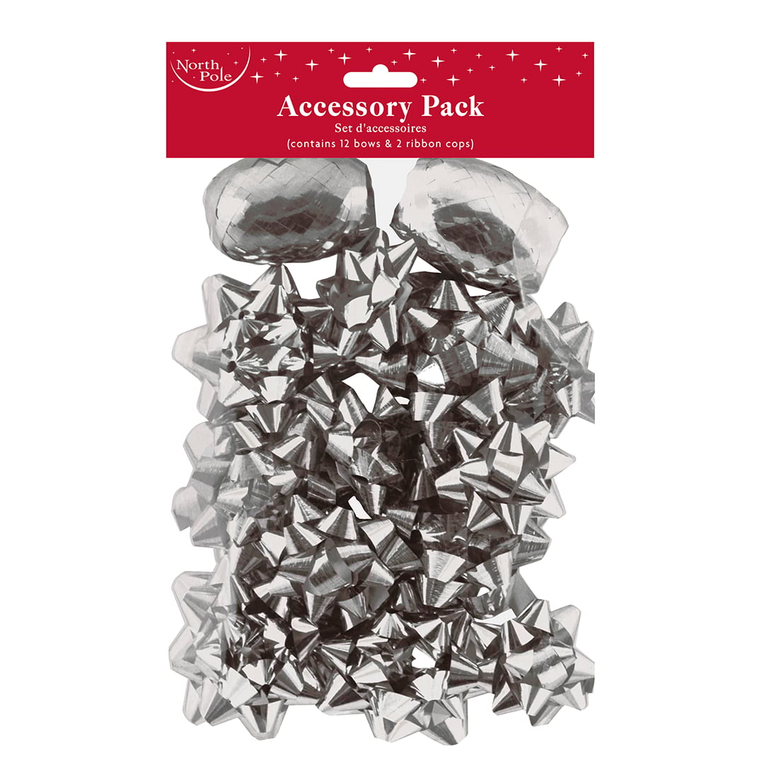 Metallic Silver Christmas Gift Ribbon Bows & Cops - Pack of 12 Product Gallery Image