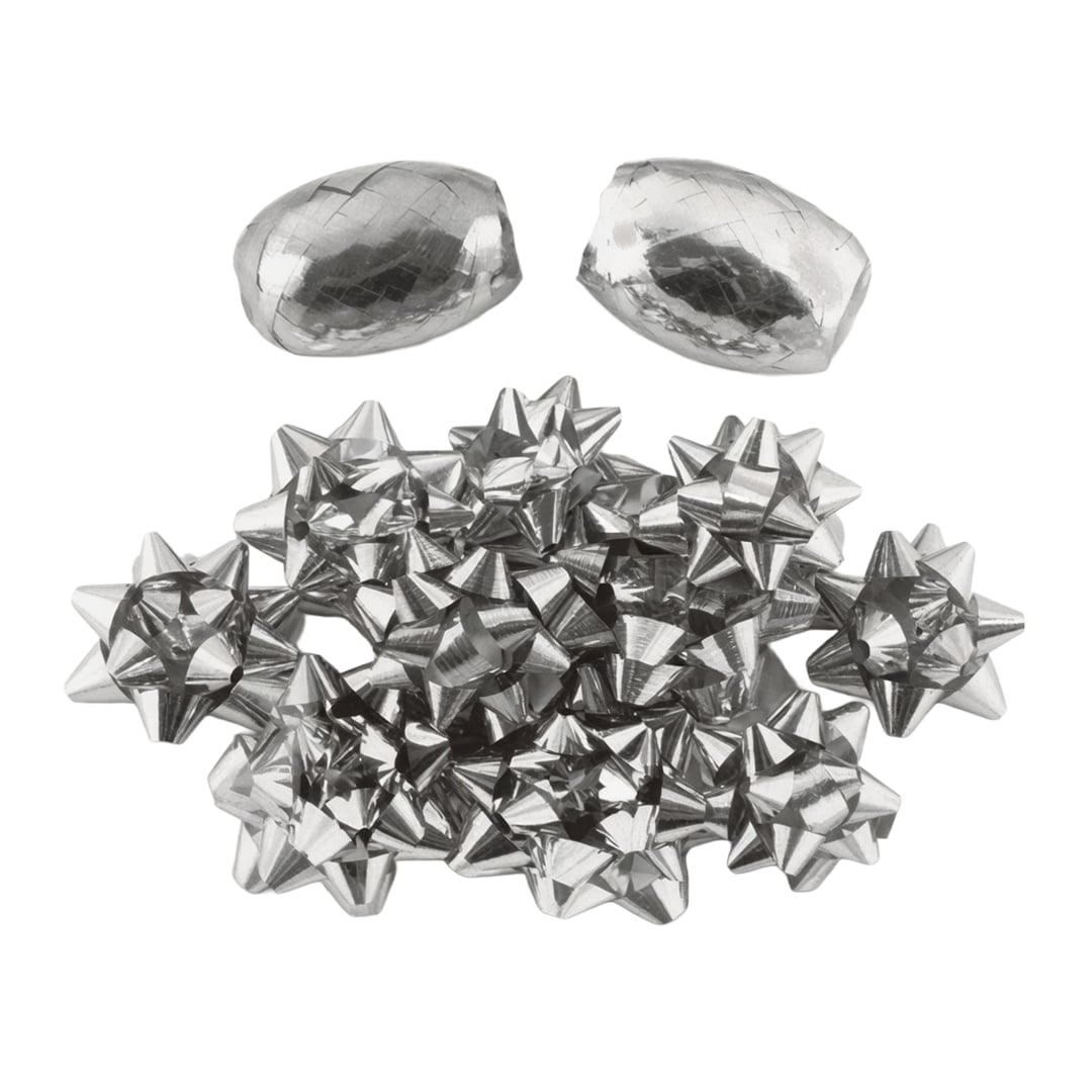 Metallic Silver Christmas Gift Ribbon Bows & Cops - Pack of 12